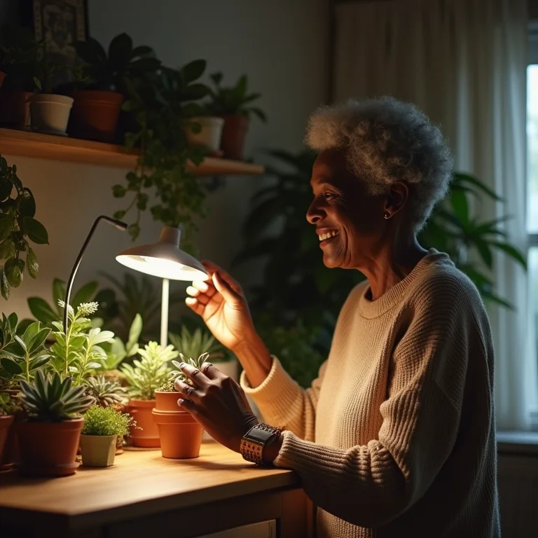 Mulher negra sênior usa luz artificial para complementar iluminação de suculentas