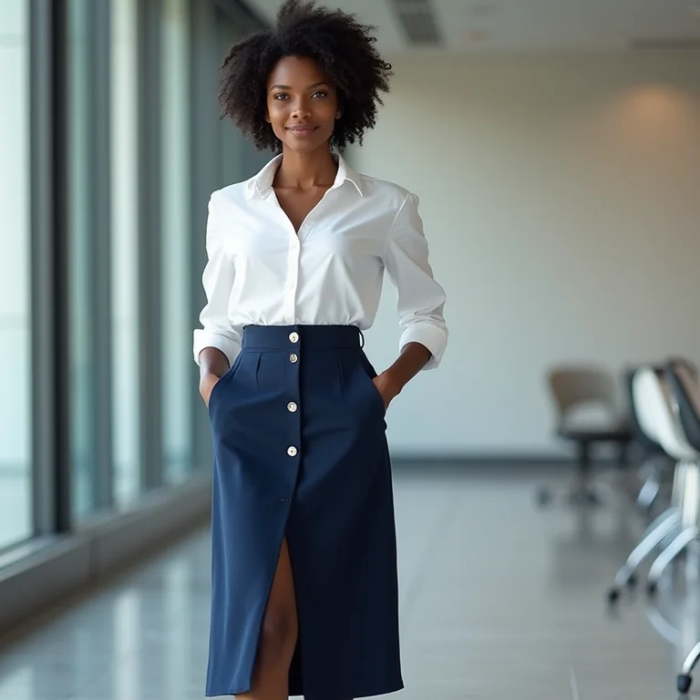Mulher negra sofisticada usando saia midi azul marinho, camisa branca e scarpin preto em ambiente de escritório