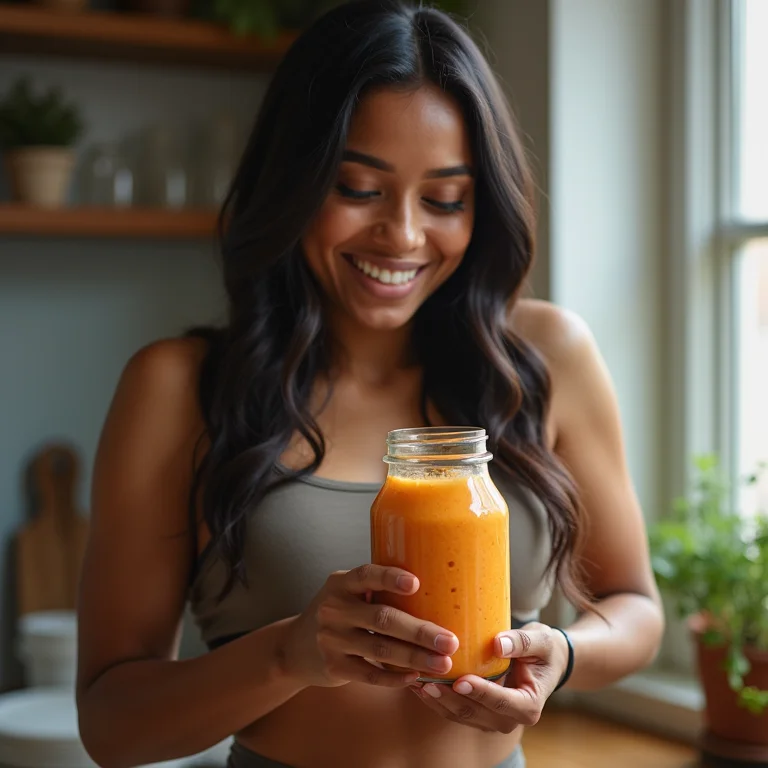 Mulher negra sorrindo ao preparar smoothie com batata doce