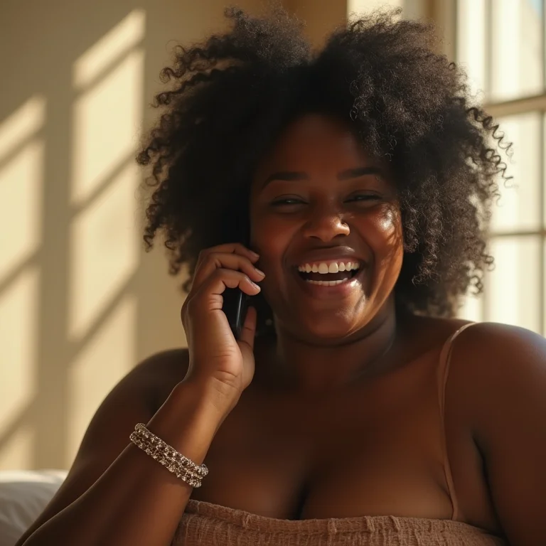Mulher negra sorrindo ao telefone