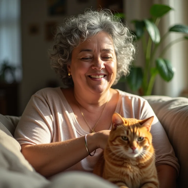 Mulher negra sorrindo com gato ruivo