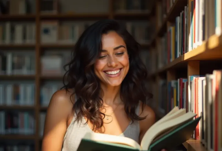 Mulher negra sorrindo com livro na biblioteca
