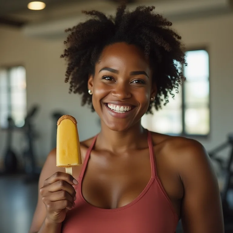 Mulher negra sorrindo com picolé de banana e pasta de amendoim