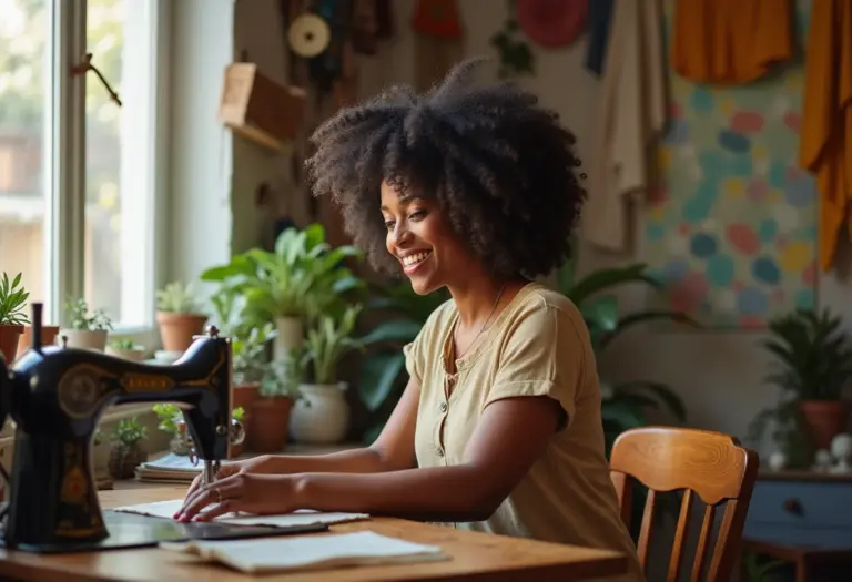 Mulher negra sorrindo costurando em ateliê sustentável