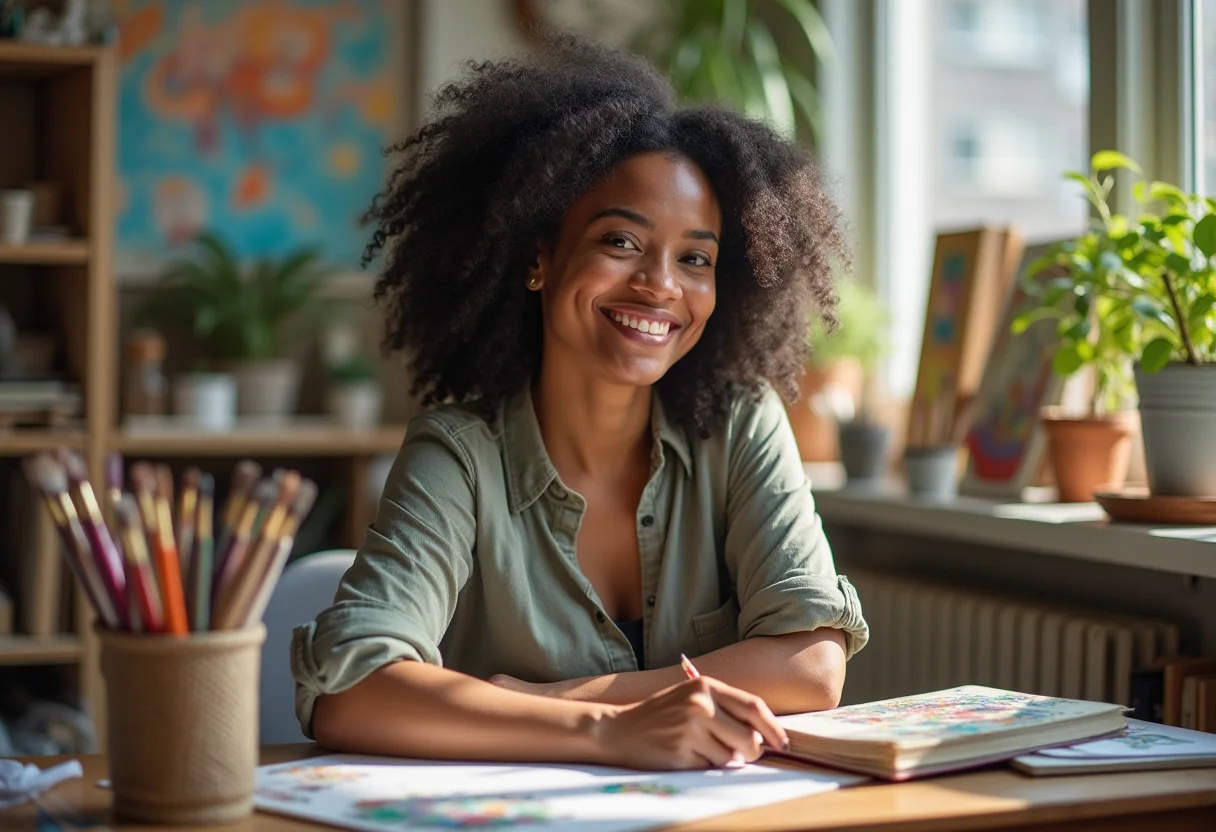 Diário de Arte: O guia definitivo para começar do zero Mulher negra sorrindo em ateliê de arte, cercada por materiais.