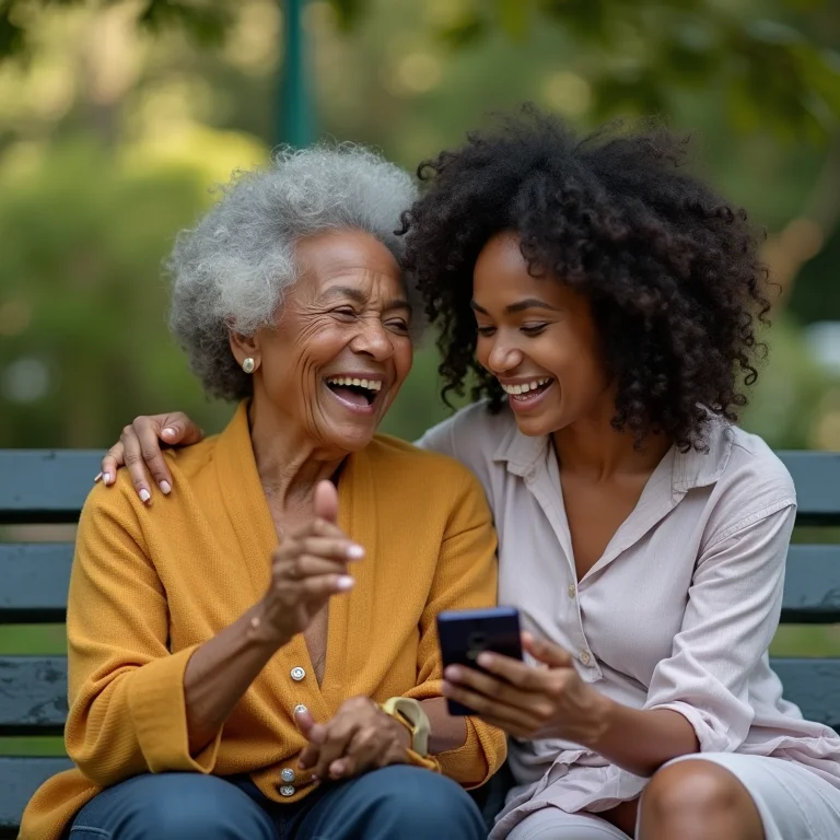 Mulher negra sorrindo em chamada de vídeo com a avó