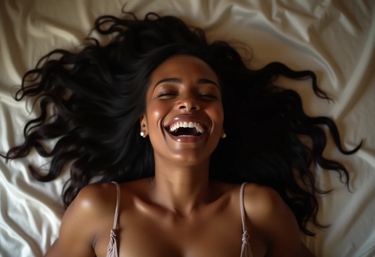 Sexo anal sem dor: o guia COMPLETO para iniciantes Mulher negra sorrindo em lençóis de seda