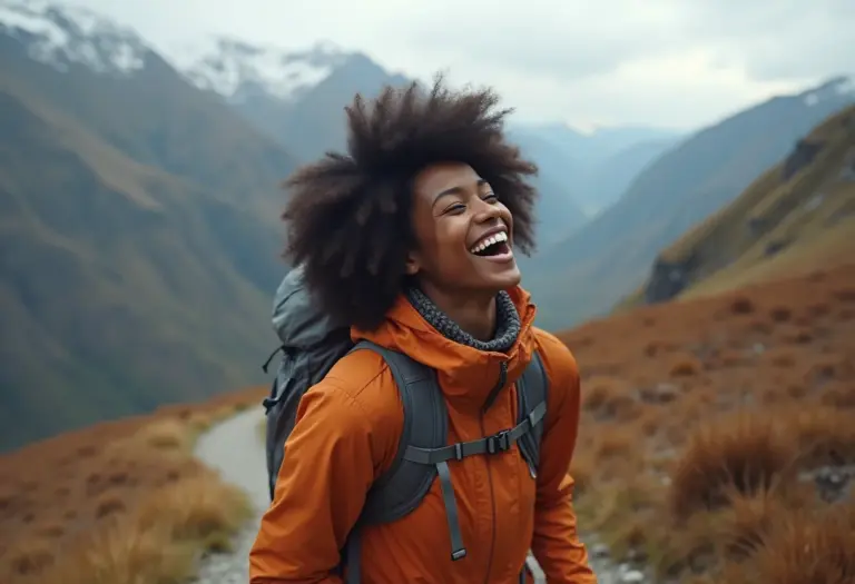 Mulher negra sorrindo em trilha na serra com looks de inverno estilosos