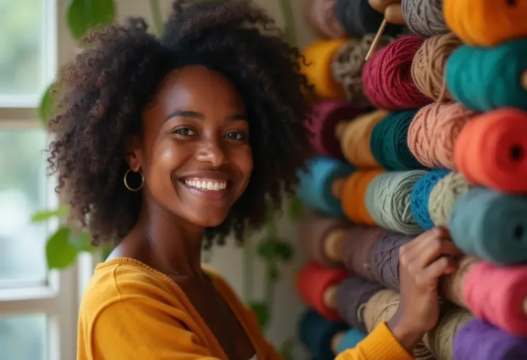 Mulher negra sorrindo enquanto organiza prateleira de garrafa PET com fios coloridos.