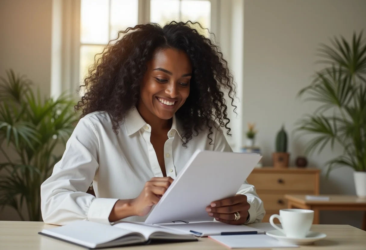 Rotina perfeita: o guia definitivo para organizar seu dia a dia Mulher negra sorrindo enquanto organiza sua rotina