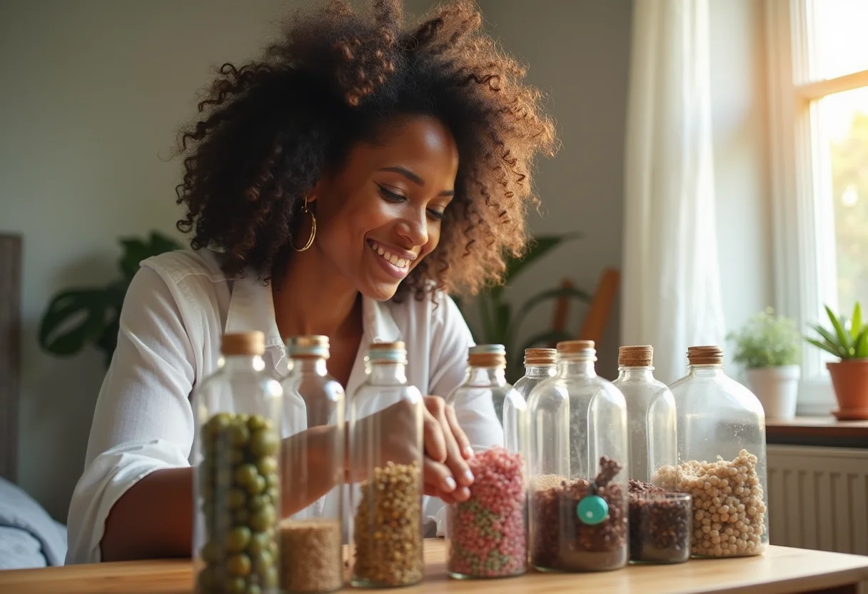 Organizador de bijuterias: reutilize garrafa PET e arrase! Mulher negra sorrindo enquanto organiza suas bijuterias em um organizador feito de garrafa PET.