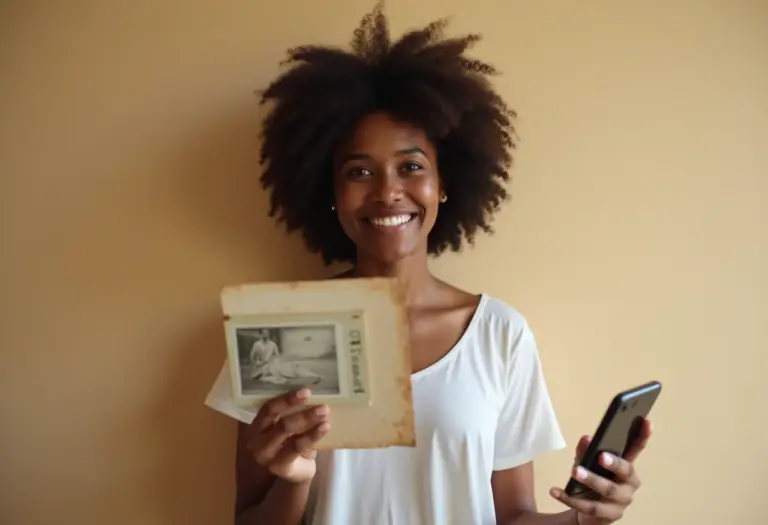 Mulher negra sorrindo segurando documentos e dispositivos digitais.