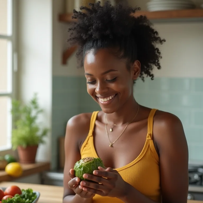 Mulher negra sorrindo segurando endívia fresca na cozinha.