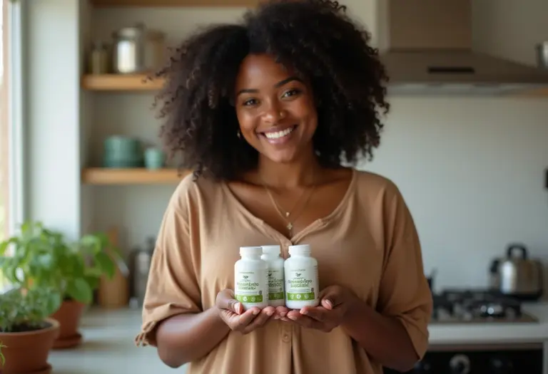Mulher negra sorrindo segurando probióticos em cápsulas.