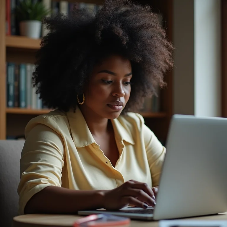 Mulher negra trabalhando em artigos acadêmicos online