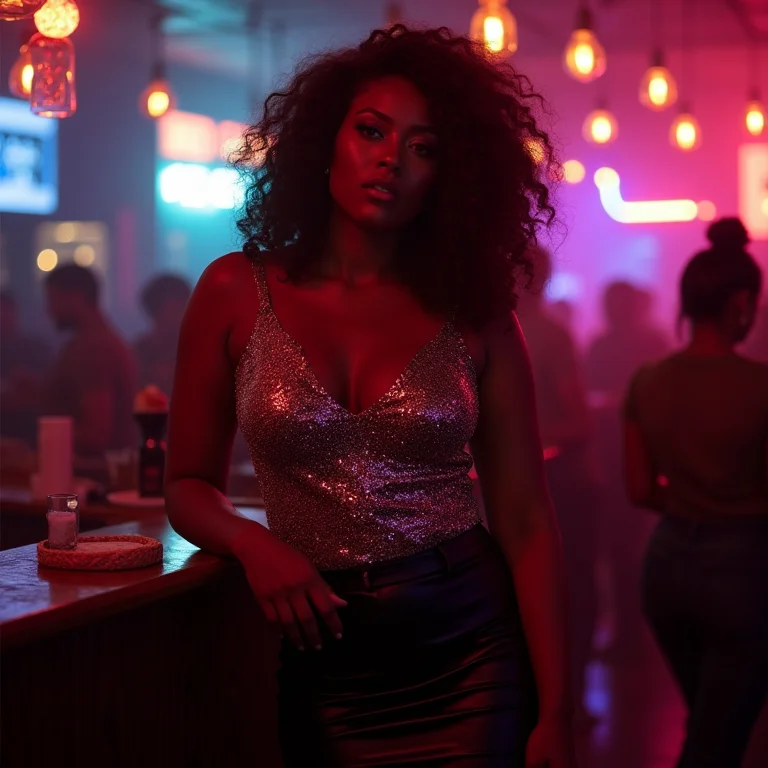 Mulher negra usando blusa ciganinha de paetês com saia de couro preta em ambiente de balada