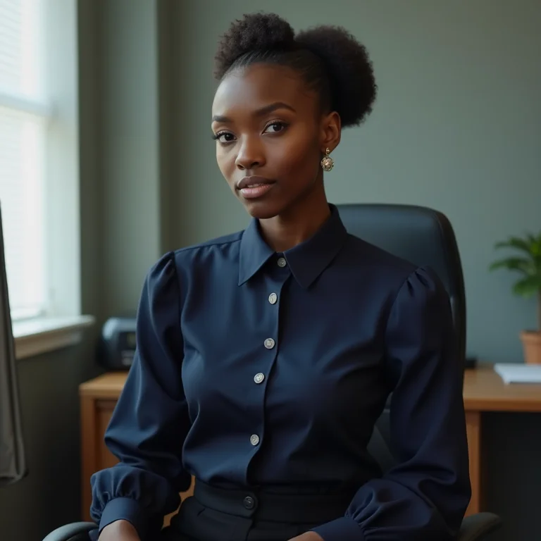 Mulher negra usando blusa de gola Peter Pan e calça de alfaiataria no escritório