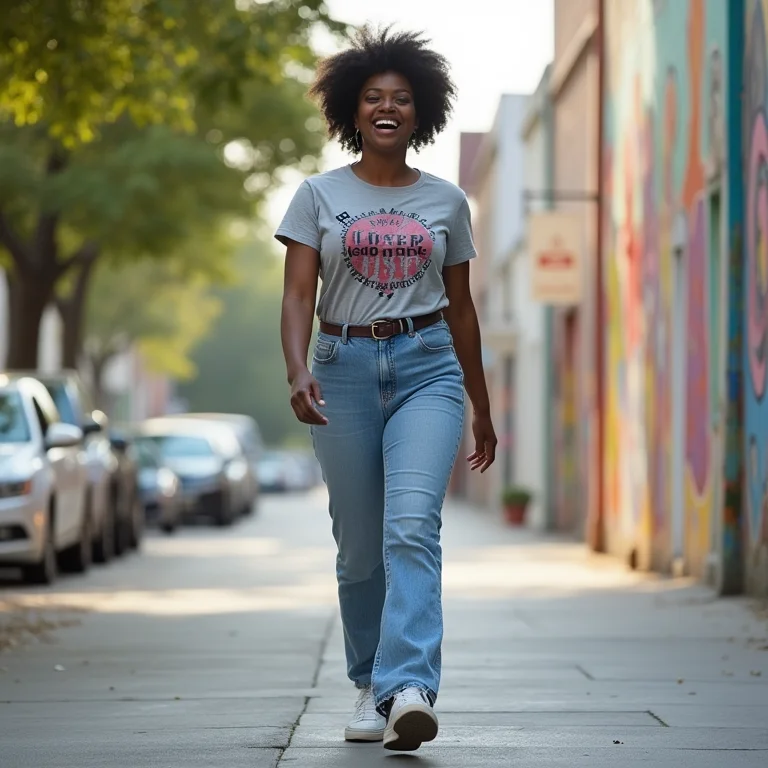 Mulher negra usando calça jeans reta de lavagem clara com camiseta estampada e tênis branco para um look casual