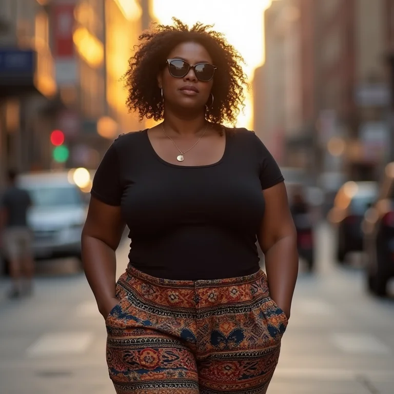 Mulher negra usando calças com estampa étnica e top preto em rua da cidade