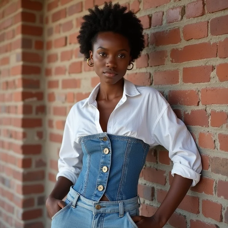 Mulher negra usando camisa branca de linho com corset jeans e calça boyfriend
