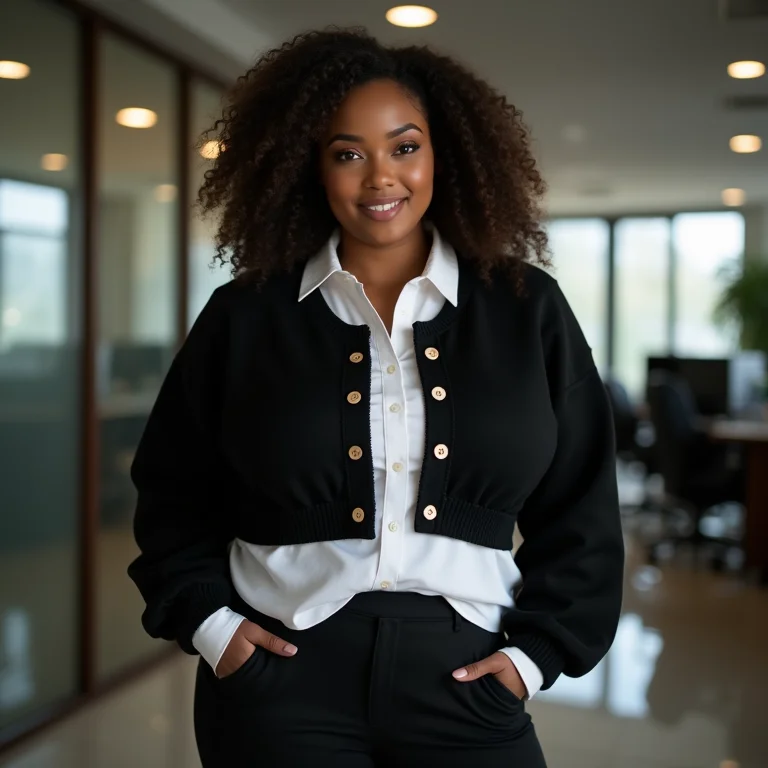 Mulher negra usando cardigan curto preto com camisa e calça de alfaiataria no escritório