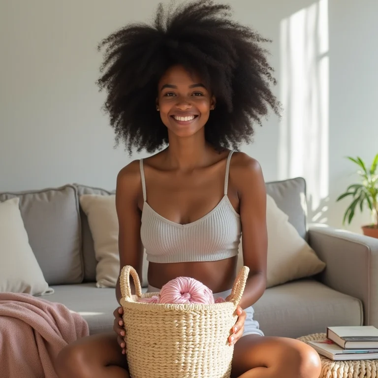 Mulher negra usando cesto de fio de malha na sala como decoração.