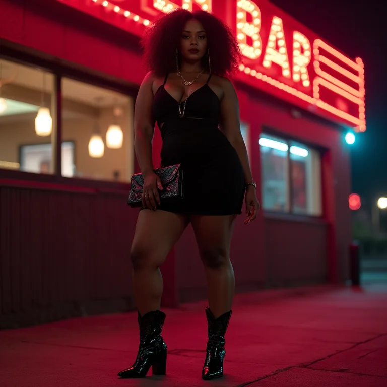 Mulher negra usando mini vestido preto e bota western à noite