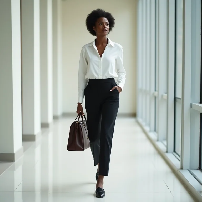 Mulher negra usando mocassins pretos, look de trabalho minimalista