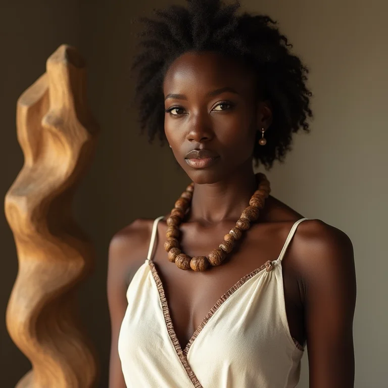 Mulher negra vestindo vestido de linho com colar de madeira rústica ao lado de escultura rústica