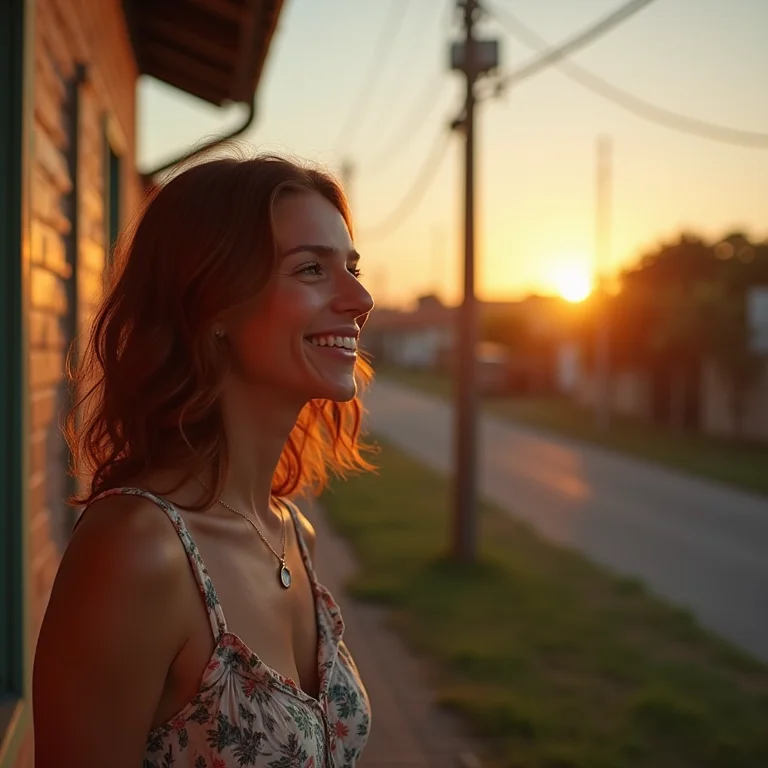 Mulher observando poste de luz da varanda.