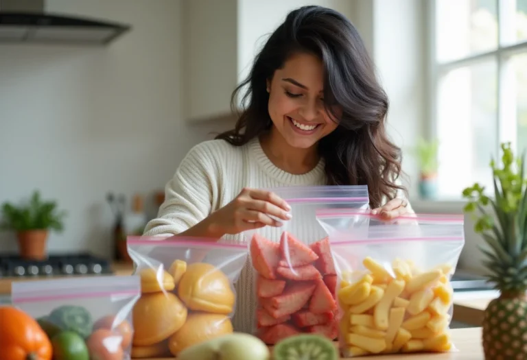 Mulher organizando alimentos frescos para congelar.
