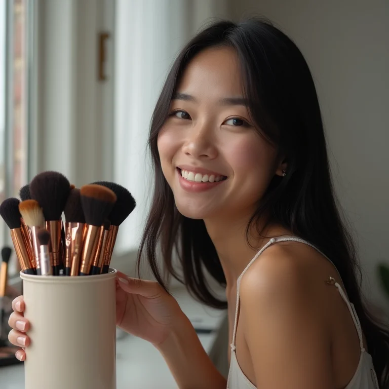 Mulher organizando maquiagem em porta trecos de PVC.