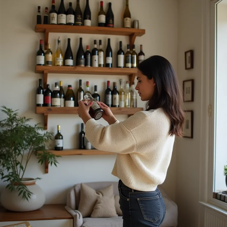 Mulher organizando vinhos em uma adega DIY