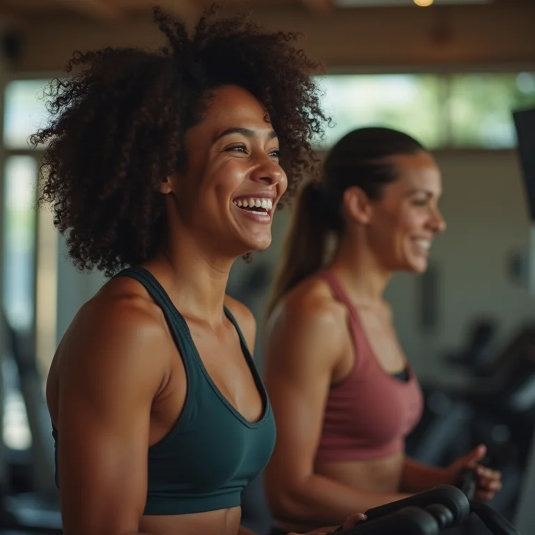 Mulher parda brasileira se adaptando a nova rotina de exercícios com amiga.