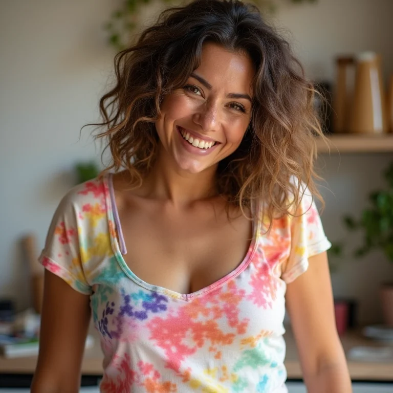 Mulher parda customizando camisetas com tie dye.