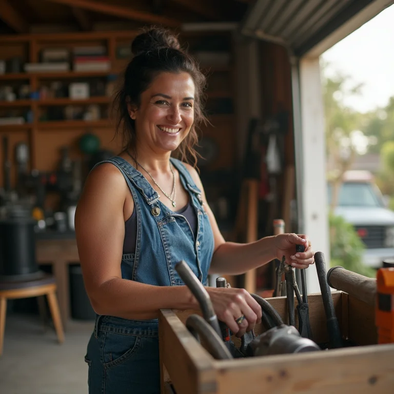 Mulher parda de meia-idade organizando suas ferramentas em um organizador reciclado.