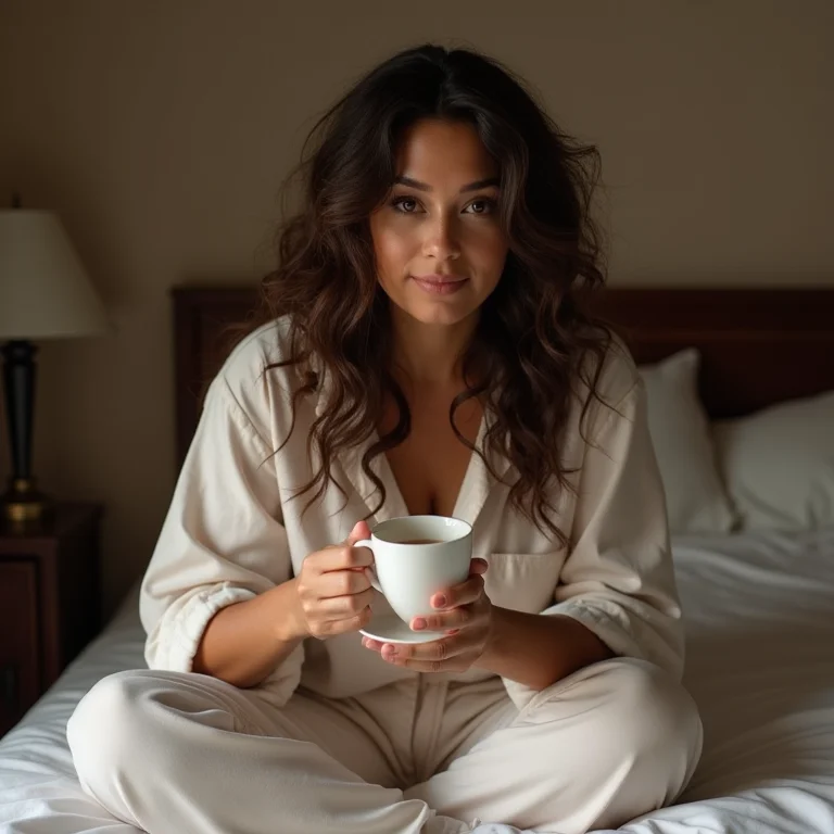 Mulher parda relaxando com chá de jasmim e maracujá antes de dormir