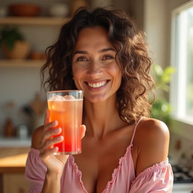 Mulher parda segurando chá gelado de rosas.