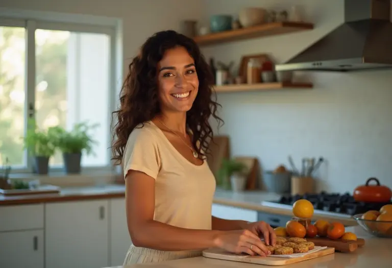 Mulher parda sorrindo enquanto prepara coxinhas em casa