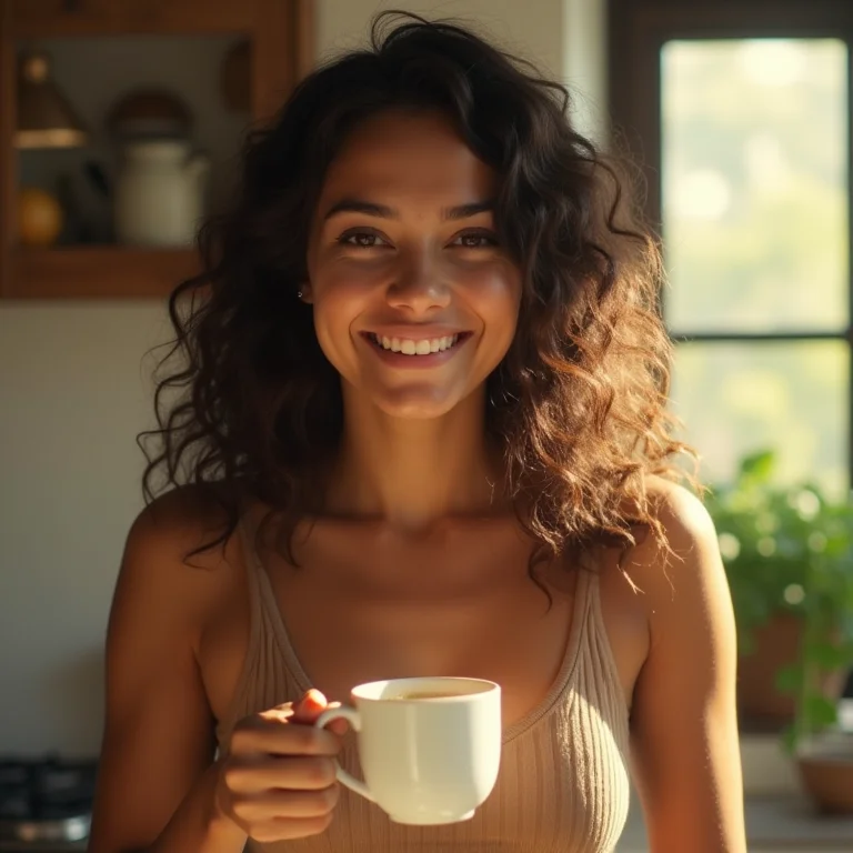 Mulher parda sorrindo enquanto segura uma xícara de chá de cavalinha.