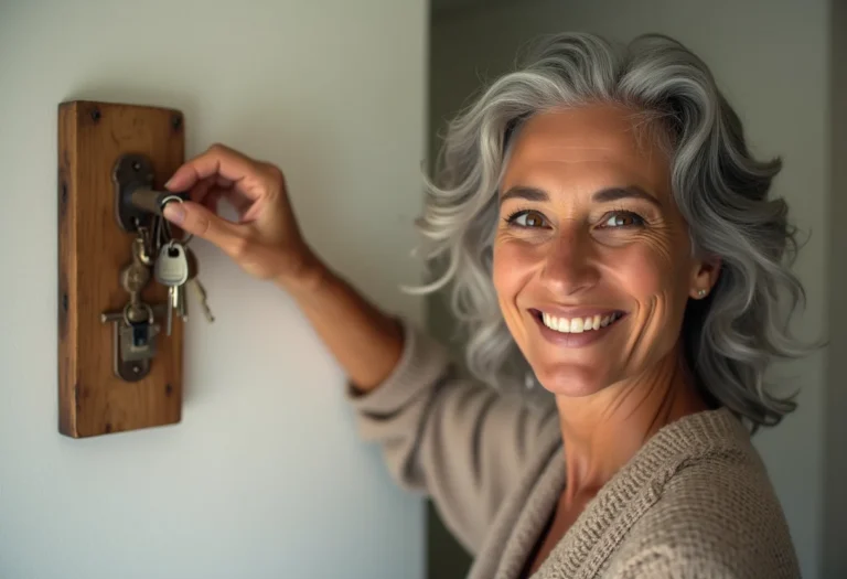 Mulher pendurando porta chaves de madeira rústico na parede