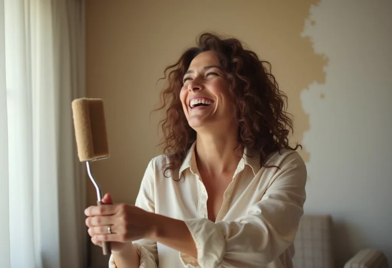 Mulher pintando parede de casa