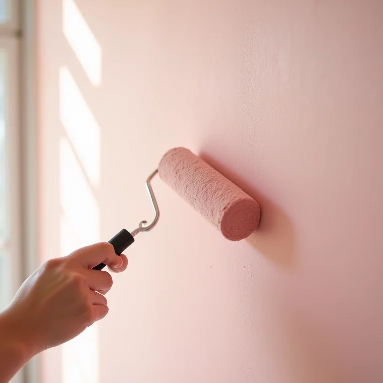 Mulher pintando parede do quarto com tinta rosa claro