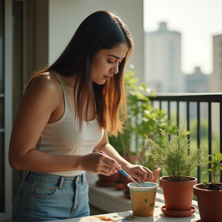 Mulher pintando vaso de planta com tinta caseira.