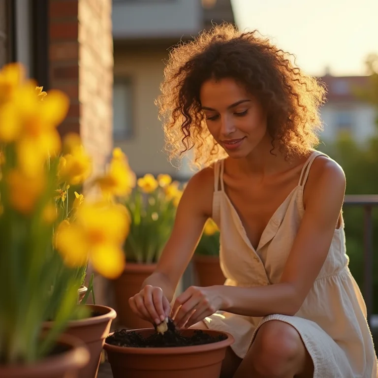 Mulher plantando bulbos de frésia em vaso de cerâmica durante o pôr do sol