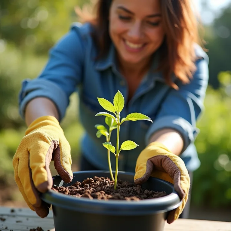 Mulher plantando mudas de Diascia em vaso com cuidado.