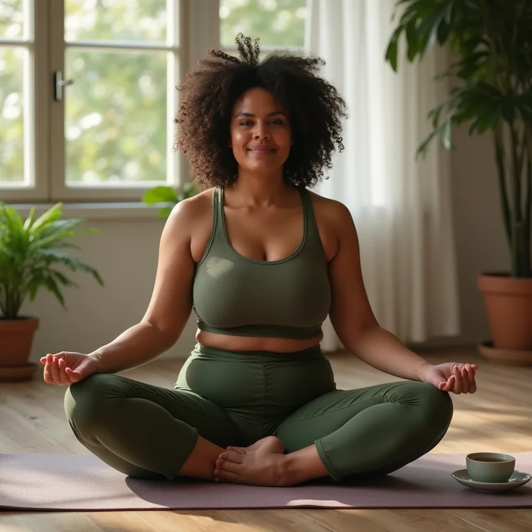 Mulher plus-size aliviando dores articulares com chá de urtiga e yoga