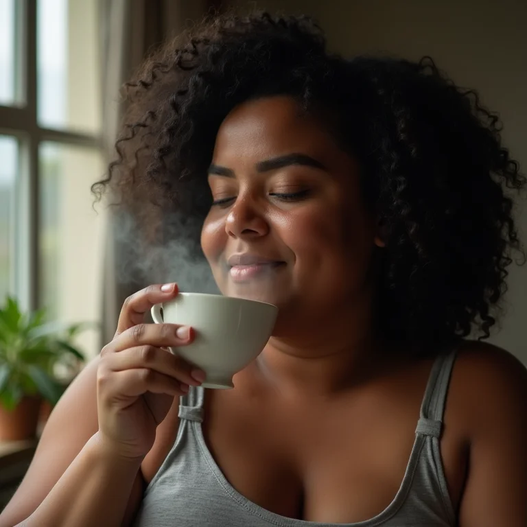 Mulher plus-size bebendo chá de alho com expressão serena.