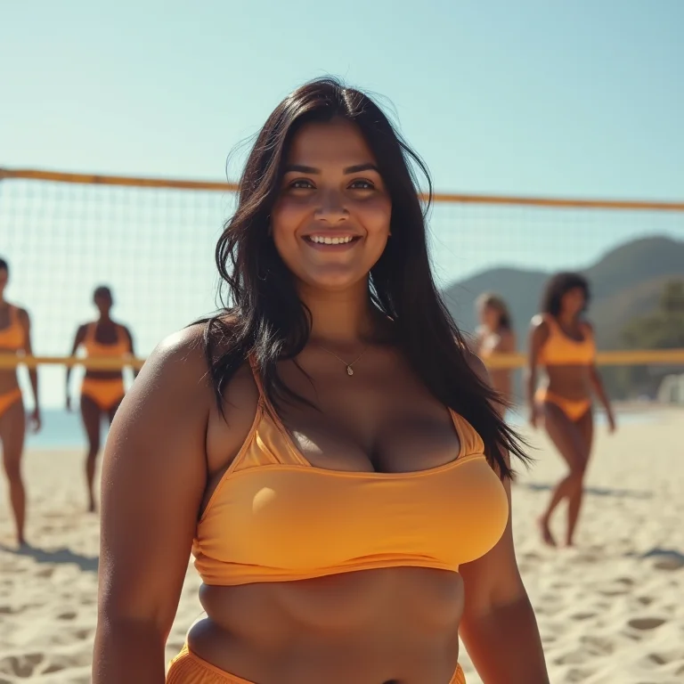 Mulher plus-size brasileira jogando vôlei na praia