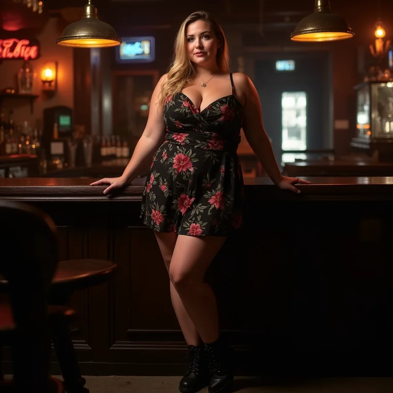Mulher plus size com vestido floral preto e coturno de salto em bar